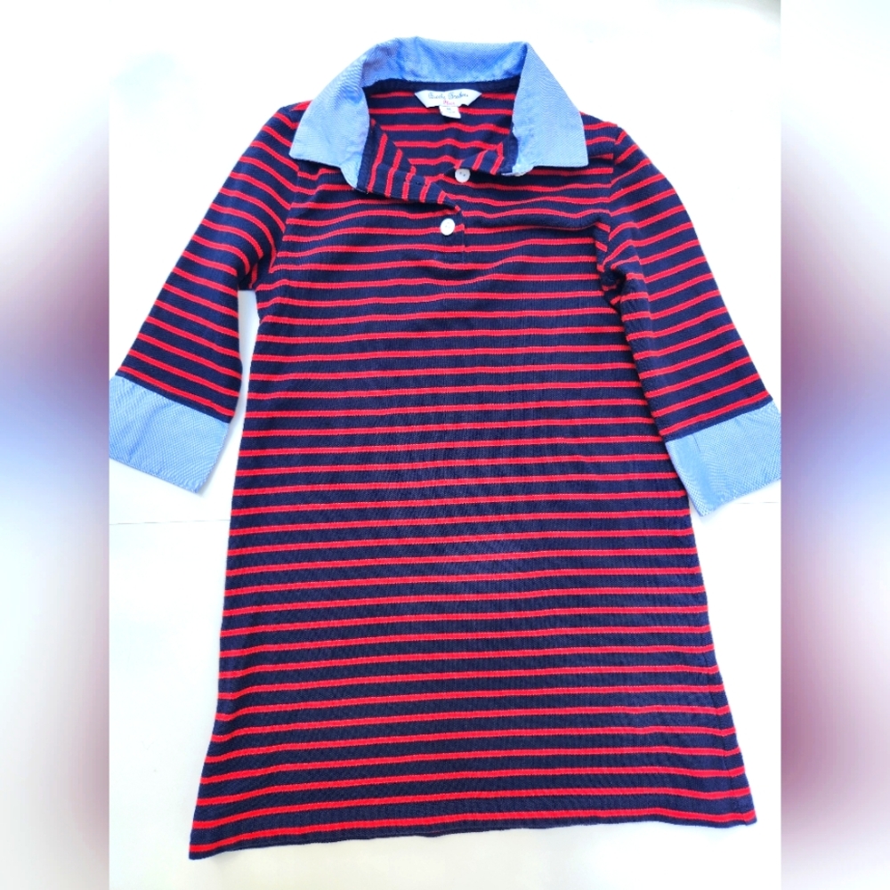 Brooks Brothers Girls dress with navy/red stripes and chambray blue collar/cuffs